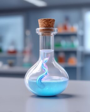 Alien ripple elixir in a chromatic floating orb, with nebula swirls in the liquid, in a futuristic laboratory counter, with surreal volumetric light, in glowing blues and cosmic hues. Sci-fi beverage