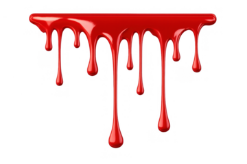 Red glossy liquid paint or syrup dripping down, forming drops and streaks with a viscous texture. Transparent background