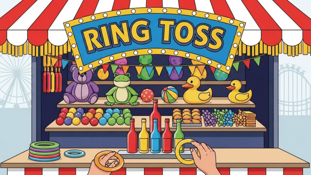 A colorful illustration of a ring toss game booth at a carnival with a variety of prizes and treats on display
