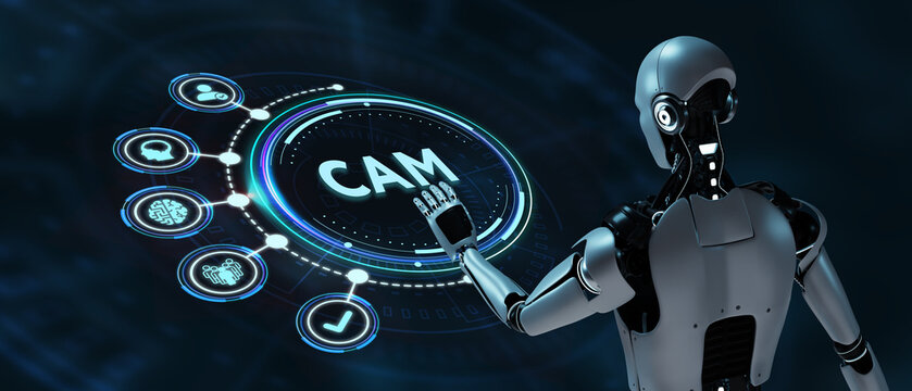 CAM Computer-aided manufacturing industrial technology automation concept. 3d illustration