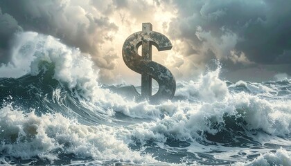 Dollar Symbol Rising From Turbulent Ocean Waters Under Stormy Skies with Dramatic Lighting