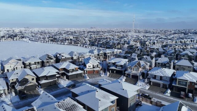 Aerial view of suburban north american city on a freezing winter day. 