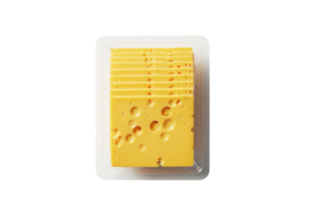 Vibrant yellow square Swiss Emmental cheese slices, neatly stacked in a transparent vacuum-sealed container, isolated on a bright white background with copy space, concept for quality packaged dairy