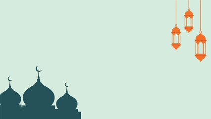 Ramadan vector illustration with mosque silhouette and hanging lanterns on pastel background