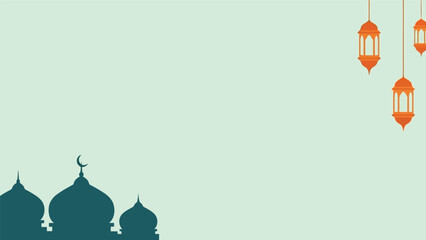 Ramadan vector background with mosque silhouette and hanging lanterns, minimalist design