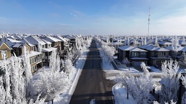 Aerial view of suburban north american city on a freezing winter day. 