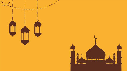 Ramadan vector illustration with mosque silhouette and hanging lanterns on yellow background