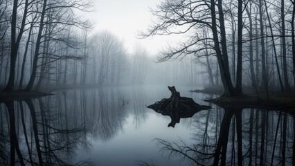 Misty forest scene with still water and bare trees