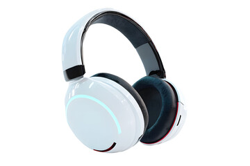 Headphones white over-ear wireless audio equipment with noise canceling ear pads cushions isolated on cut out PNG or transparent background. Audio 3D render of ear covers futuristic cyberpunk.