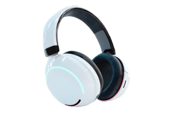Headphones white over-ear wireless audio equipment with noise canceling ear pads cushions isolated on cut out PNG or transparent background. Audio 3D render of ear covers futuristic cyberpunk.