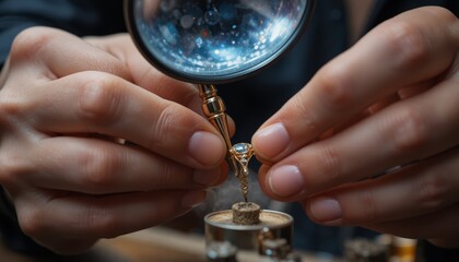 Jeweler examining diamond ring with magnifying glass closely
