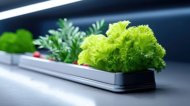 Nanotech vertical farm with self-repairing hydroponic membranes, set in a futuristic megacity arcology, illuminated by holographic growth spectrum lights, in metallic blue and carbon black. Blade