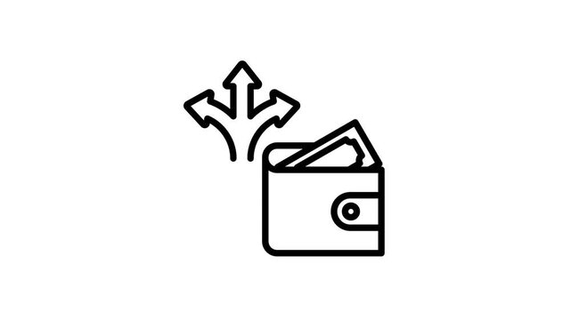 Animated expense line icon with wallet, money and arrow animation demonstrating spending and allocation. Outline style on a white background in 4K resolution.