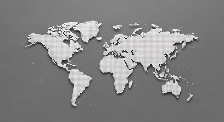 Modern metallic silver world map on a neutral gray background, symbolizing global connectivity, international reach, and geographical understanding for business, travel, and education.