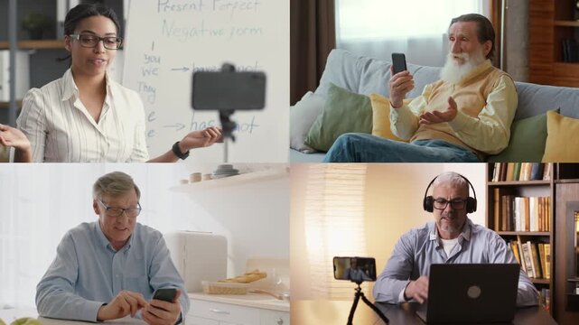 A collection of people engaged in video calls using smartphones. They are in various locations, including homes and classrooms, discussing and interacting in real-time.