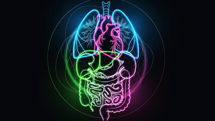 Neon Human Anatomy with Circular Energy Lines and Vibrant Colors