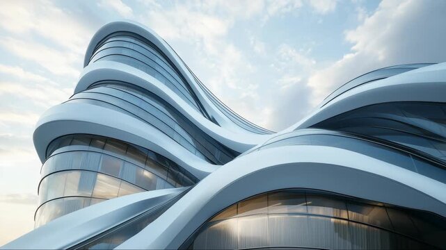 Futuristic curved architectural facade flowing white bands