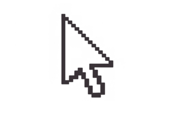 Pixel art mouse cursor symbol navigating digital interface, pointing and clicking virtual elements with transparent background