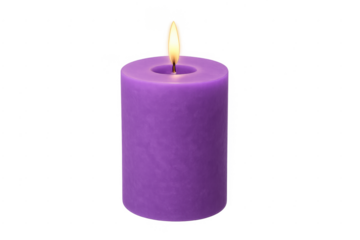 Purple pillar candle with a burning flame