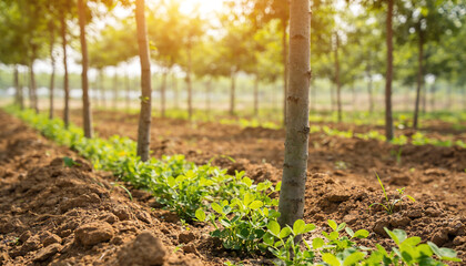 Young green tree saplings growing in symmetrical rows in rich brown soil at a reforestation nursery under warm golden sunlight representing environmental growth and sustainability