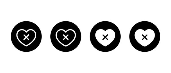 Poor health, unhealthy icon set in black circle. Heart with cross mark symbol. Love with x sign