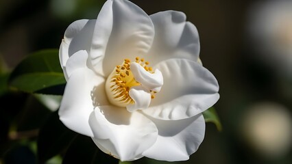 Close-up of a pristine white camellia flower, elegantly blooming with delicate petals and bright yellow stamens, set against a soft, dark background, embodying natural beauty and grace