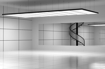 Minimalist modern garage interior with sleek design and spiral staircase