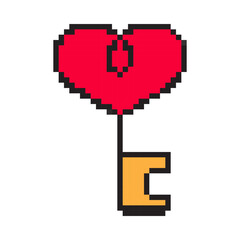 Obraz premium Pixel heart key icon for Valentine’s Day. Cute 8-bit love symbol to unlock romance. Perfect for games, apps, stickers, cards, and social media holiday posts.