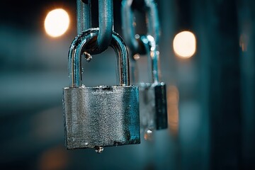 A close-up of metallic padlocks hanging from a chain, with blurred lights creating a moody atmosphere in the background.