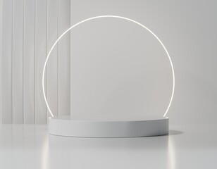 Minimalist White Podium Stage with Luminous Circular Light in a Clean Modern Studio Setting for Product Display