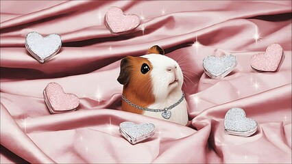 Delightful guinea pig adorned with a dainty heart necklace nestled among colorful candy hearts on luxurious pink satin blanket, featuring a curious wide-eyed expression with magical sparkles in whimsi