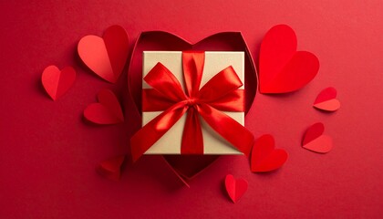 A beautiful gift box with a red ribbon amidst red heart decorations, creating a warm and romantic mood perfect for celebrating love.