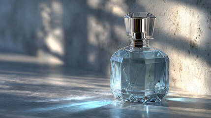 Elegant clear glass perfume bottle with silver cap on concrete surface bathed in natural light and shadow, luxury fragrance
