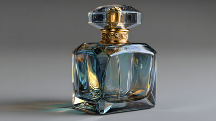 Clear elegant perfume bottle with a golden ornate cap on a clean gray background, luxury fragrance with subtle reflections