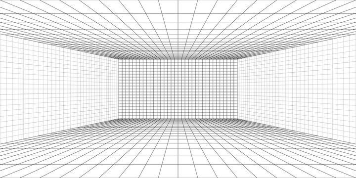 Perspective grid background 3d Vector illustration. Interior design Model projection background template. Line one point perspective