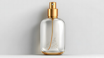 simple clear glass perfume bottle with smooth gold accents and elongated straw, clean fragrance packaging, isolated studio shot