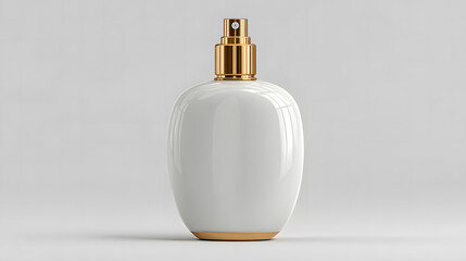 Minimalist white perfume bottle mockup featuring shiny golden spray cap and sleek gold base rim centered against soft light grey studio backdrop