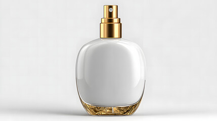Modern white luxury perfume spray bottle mockup featuring golden atomizer cap and faceted glass base standing on clean white studio background