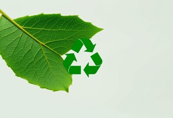 A green recycle symbol icon on a natural leaf background represents an eco-friendly environment conservation concept with vector arrows promoting recycling for a sustainable earth and planet