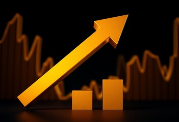 3D business graph with a red background showing financial growth and market success through a rising arrow and bar chart illustration representing an increase in stock data and sales report progress