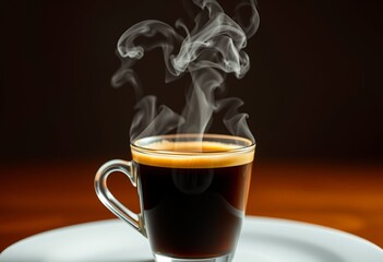 A closeup of a hot espresso coffee cup with aromatic smoke on a black background, featuring a brown caffeine beverage in a ceramic mug on a saucer for a morning breakfast break