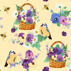 Flowers in a basket, including daisies and pansies. Bees and birds are also present. Seamless vector illustration for decorating textiles and packaging.