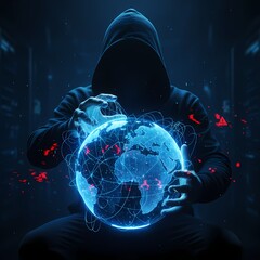 A person in a dark hoodie is depicted holding a digital globe with a network of lines