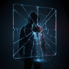 A person in a dark hoodie stands behind a large cracked glass pane