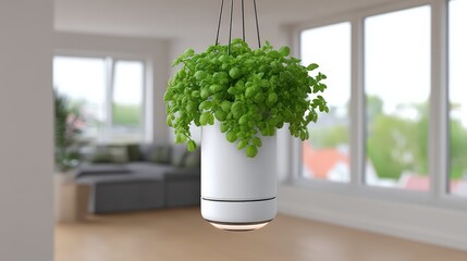 Floating hydroponic planter with automated LED indicators, placed in a luxury penthouse, lit by warm ambient glow, in soft blush and white tones. Clean tech aesthetic, ultra-realistic shot.
