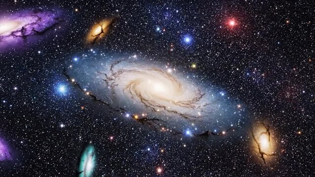 A vibrant cosmic scene featuring multiple galaxies of various shapes, amidst a stellar universe