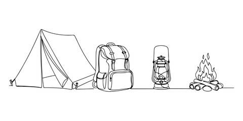 Continuous one line of a camping equipment with tent, backpack, lantern, and campfire, drawn vector illustration.