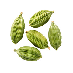 An image featuring five green cardamom pods arranged on a transparent background.