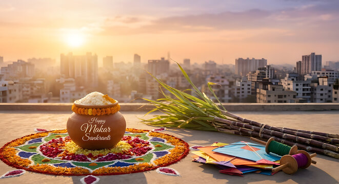 Happy makar sankranti celebration with pongal pot, sugar cane and kites on the terrace having greaty city view.