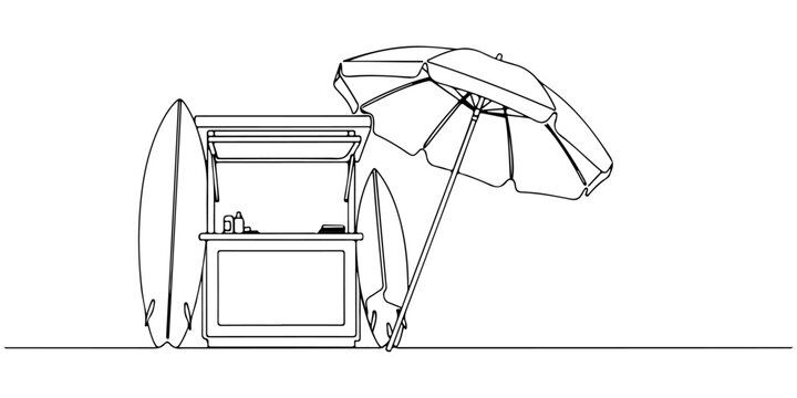 Continuous one line of a beach rental place, coastal lifestyle, drawn vector illustration.
